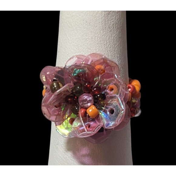 Jewelry - Handmade Fairycore Glass And Sequin Beaded Floral Stretch Ring Size 8